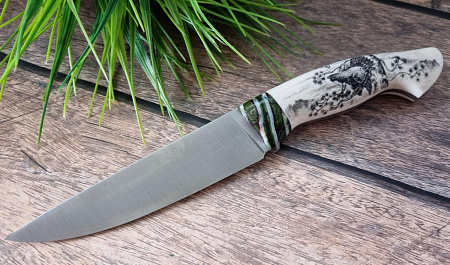 Нож "Легионер": сталь - Bohler S390;цельнометаллический -  рукоять элфорин(слоновая кость), скримшоу(резьба по кости), вставка зуб мамонта,формовочные ножны